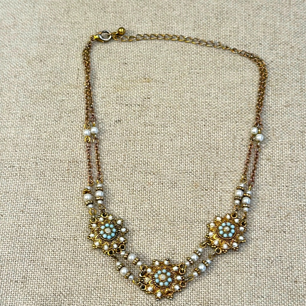 Gold-Tone Floral Bead Necklace with Turquoise Accents